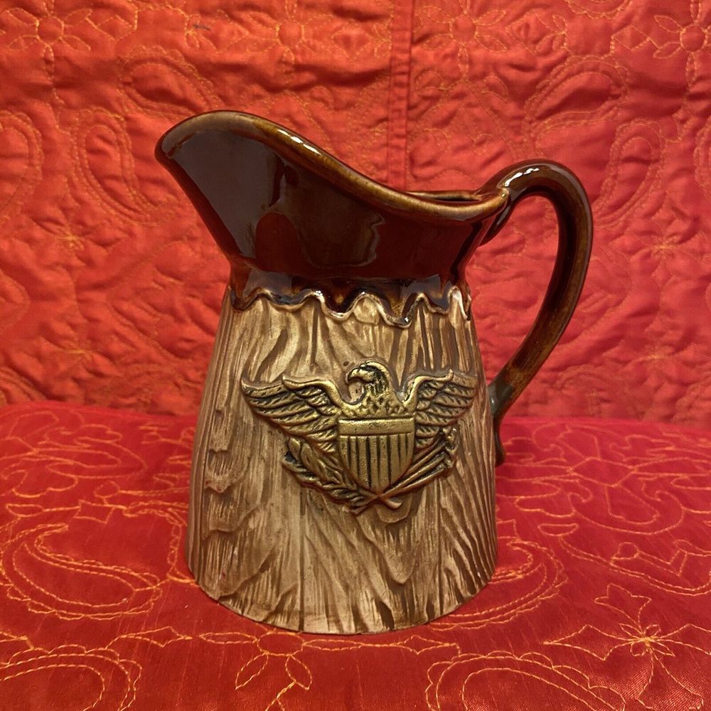 Vintage Carved American Eagle Brown Drip Jar Jug Made in Japan 4" L Art‎ Pottery
